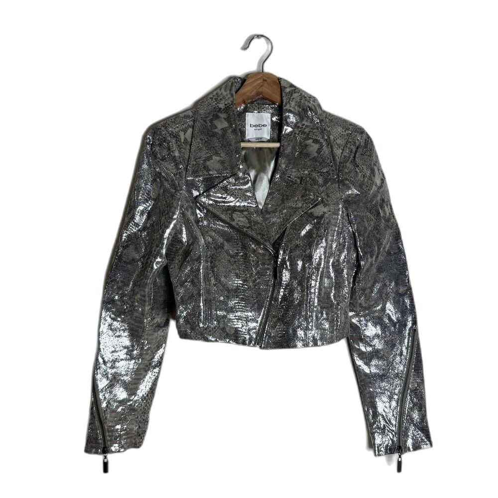 Bebe‎ Jacket Small Silver Cropped Moto Snakeskin Print Metallic Zip y2k disco